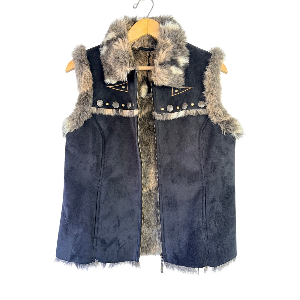 MONTANACO Black Faux Suede Fur Trim Studded Embroidered Vest Womens S Western